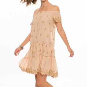 muche et muchette Off The Shoulder Dress Bohemian Metallic Lace Party Dress O/S